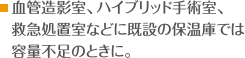 血管造影室、ハイブリッド手術室、救急処置室などに既設の保温庫では容量不足のときに。　